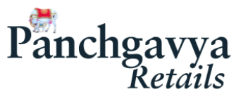 Panchgavya Retails logo featuring a traditional Indian cow with a decorative red and gold cloth on its back, alongside the brand name in elegant black font.