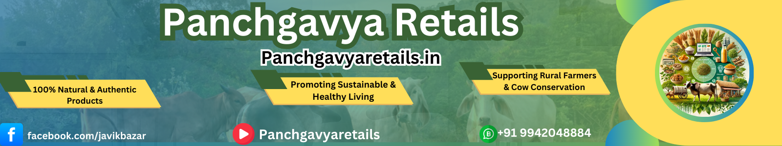 Banner of Panchgavya Retails promoting natural products, sustainability, and cow conservation with contact details and social media links.