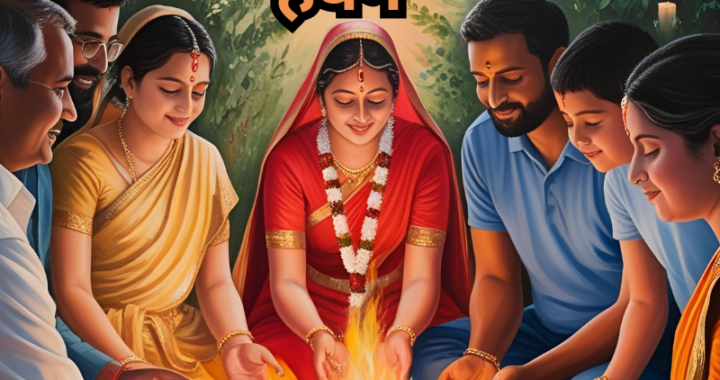 "A traditional Indian family performing Havan to remove negative energies, with fire ritual at the center and happy, peaceful expressions."